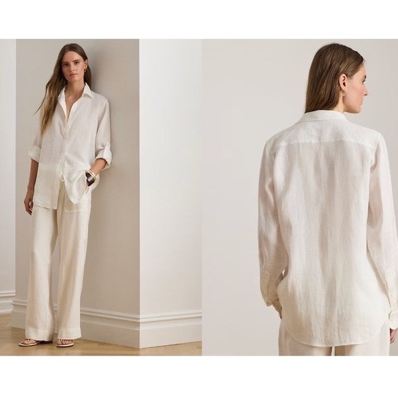 Lauren Ralph Lauren White Cotton Button Down Tunic Shirt Small roll tab *flaw - Picture 2 of 14